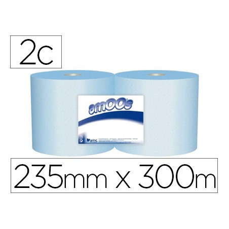 Papel secamanos industrial amoos 2 capas 222 mm x 300 m color azul paquete de 2 rollos
