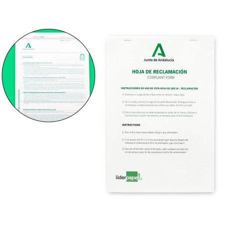 Libro liderpapel hojas de reclamaciones junta de andalucia din a4 24 juegos original + 2 copias