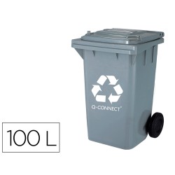 Papelera contenedor q-connect plastico gris para desechos en general 100 l con tapa y ruedas 750x470x370 mm