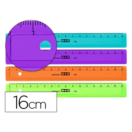 20 Unidades - Regla m+r 16 cm plastico graduada y biselada colores surtidos
