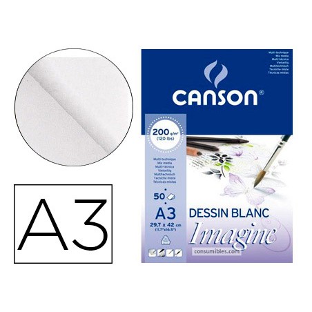 Bloc dibujo multitecnicas canson imagine din a3 encolado liso 29,7x42 cm 50 hojas 200 gr/m2