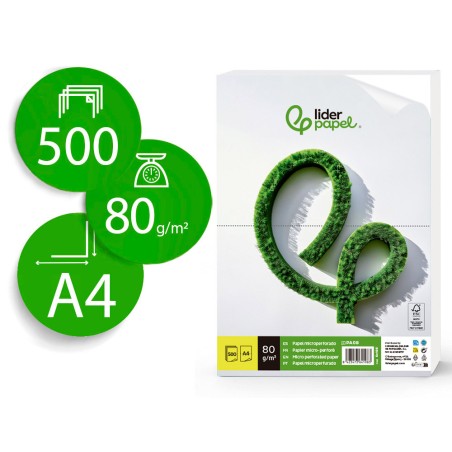 Papel liderpapel a4 80g/m2 liso microperforado en dos partes iguales paquete de 500 hojas