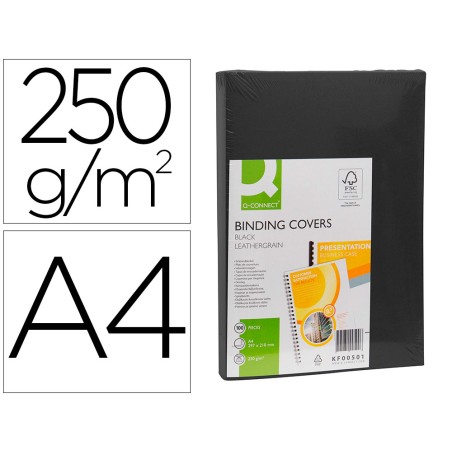 Tapa de encuadernacion q-connect carton din a4 negro simil piel 250 gr caja de 100 unidades