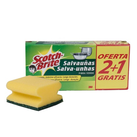 Estropajo salvauñas scotch brite fibra verde paquete 2+1 gratis