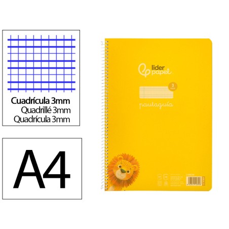 Cuaderno espiral liderpapel a4 pautaguia tapa plastico 80h 90gr cuadro pautado 3mm con margen color amarillo