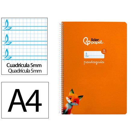 Cuaderno espiral liderpapel a4 pautaguia tapa dura 80h 90gr cuadro pautado 5mm color naranja