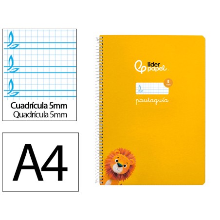 Cuaderno espiral liderpapel a4 pautaguia tapa dura 80h 90gr cuadro pautado 5mm color amarillo