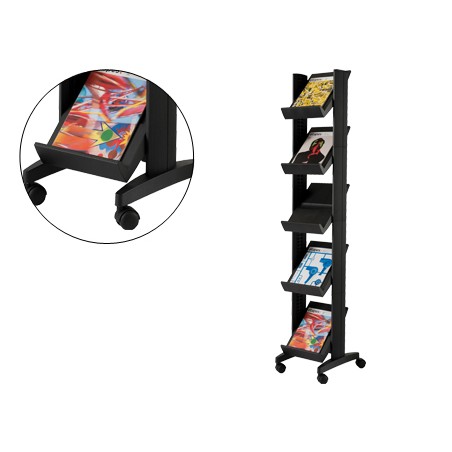 Expositor paperflow de suelo movil 5 estantes de 275x327mm color negro tamaño del expositor 350x1675x385 mm