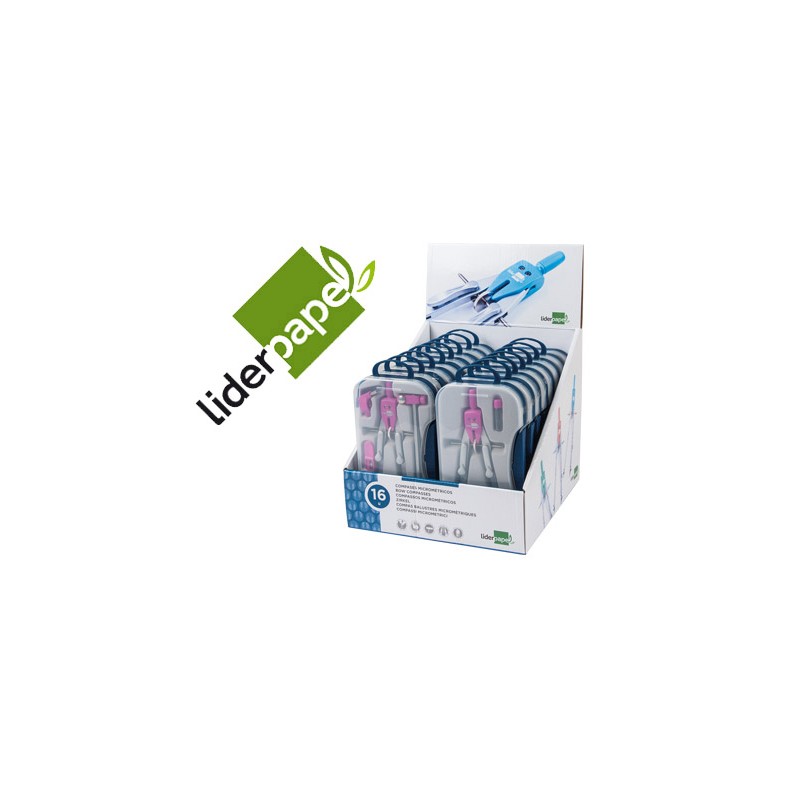 Compas liderpapel con adapatador alargadera y mango extra soft expositor de 16 estuches 2 modelos