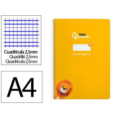 Cuaderno espiral liderpapel a4 pautaguia tapa dura 80h 90 gr cuadro pautado 2,5 mm color amarillo