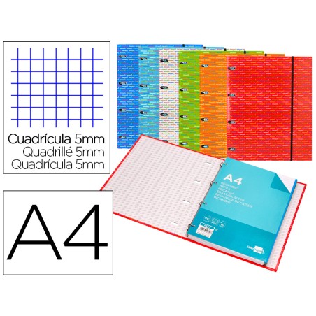 Carpeta con recambio liderpapel a4 cuadro 5mm forrada 4 anillas 20mm colores surtidos