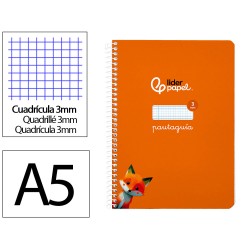 Cuaderno espiral liderpapel a5 pautaguia tapa blanda 40h 75gr cuadro pautado 3mm color naranja
