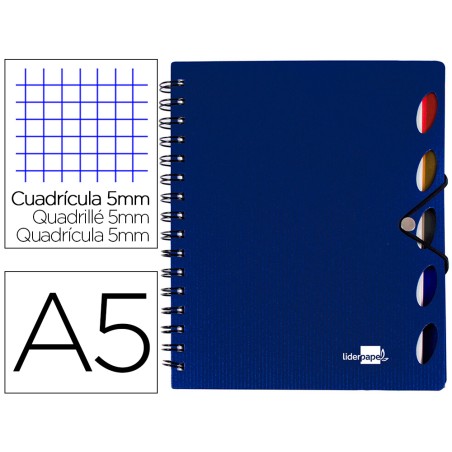 Cuaderno espiral liderpapel a5 micro executive tapa plastico 100h 80gr cuadro 5mm 5 se paradores con gomilla azul