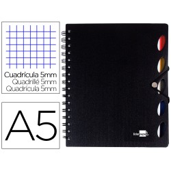 Cuaderno espiral liderpapel a5 micro executive tapa plastico 100h 80gr cuadro 5mm 5 se paradores con gomilla negro