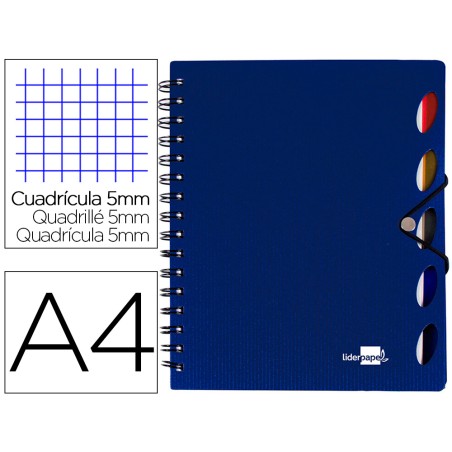Cuaderno espiral liderpapel a4 micro executive tapa plastico 100h 80gr cuadro 5mm 5 sep aradores con gomilla azul