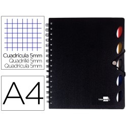 Cuaderno espiral liderpapel a4 micro executive tapa plastico 100h 80gr cuadro 5mm 5 sep aradores con gomilla negro