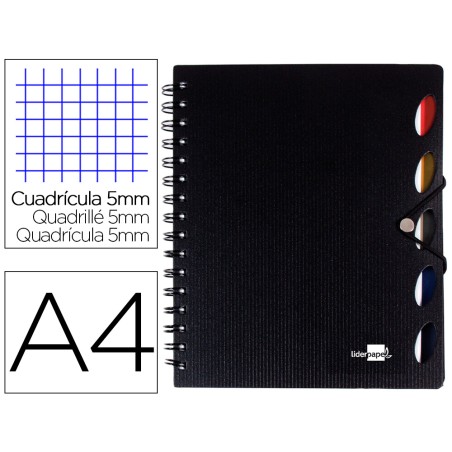 Cuaderno espiral liderpapel a4 micro executive tapa plastico 100h 80gr cuadro 5mm 5 sep aradores con gomilla negro