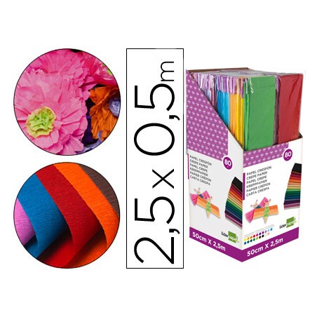 Papel crespon liderpapel 0.50 x 2.50 m encelofanado expositor de 80 unidades colores surtidos
