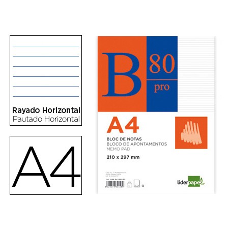 Bloc notas liderpapel horizontal a4 80 hojas 60g/m2 encolado 4 taladros doble margen azul