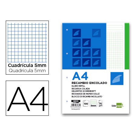 Bloc encolado liderpapel cuadro 5mm verde a4 natural 100 hojas 70 g/m2