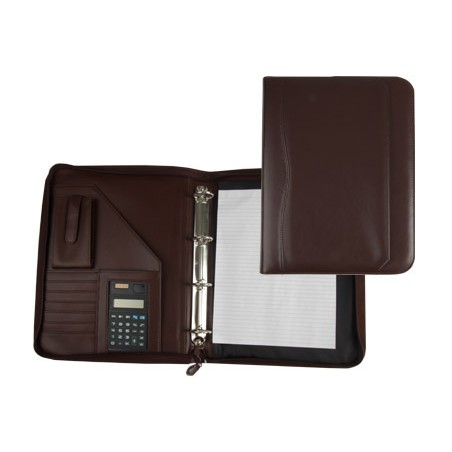 Carpeta portafolios q-connect cremallera 4 anillas 20 mm concalculadora con bolsa para movil color marron 260x355 mm