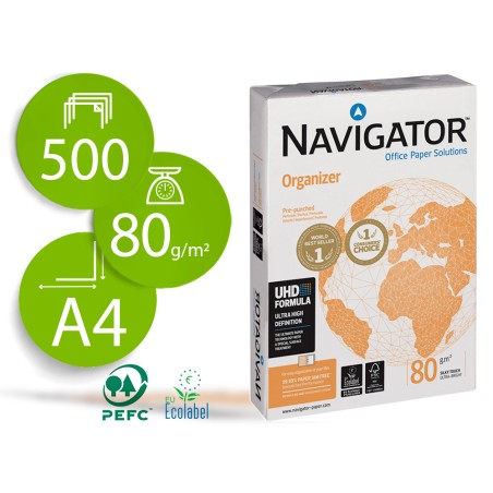 Papel fotocopiadora navigator din a4 80 gramos 4 taladros papel multiuso ink-jet y laser paquete de 500 hojas