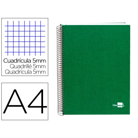 Cuaderno espiral liderpapel a4 micro papercoat tapa forrada 140h 75gr cuadro5mm 5 banda s 4 taladros verde