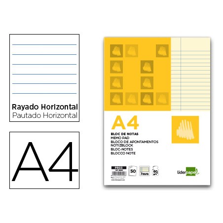 Bloc notas liderpapel encolado a4 rayado horizontal 50 hojas 80 gr color amarillo
