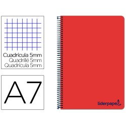 Cuaderno espiral liderpapel a7 micro wonder tapa plastico 100h 90gr cuadro 5mm 4 bandas color rojo