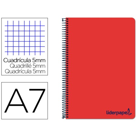 Cuaderno espiral liderpapel a7 micro wonder tapa plastico 100h 90gr cuadro 5mm 4 bandas color rojo