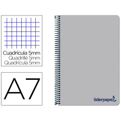 Cuaderno espiral liderpapel a7 micro wonder tapa plastico 100h 90gr cuadro 5mm 4 bandas color gris