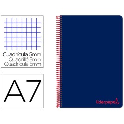 Cuaderno espiral liderpapel a7 micro wonder tapa plastico 100h 90gr cuadro 5mm 4 bandas color azul marino