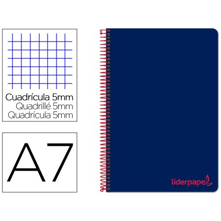 Cuaderno espiral liderpapel a7 micro wonder tapa plastico 100h 90gr cuadro 5mm 4 bandas color azul marino