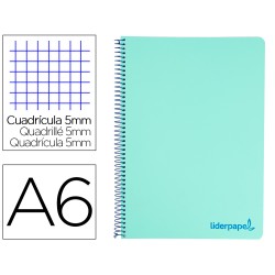 Cuaderno espiral liderpapel a6 micro wonder tapa plastico 120h 90 gr cuadro 5mm 4 bandascolor verde pastel turquesa