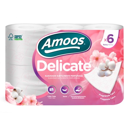 Papel higienico amoos delicate 3 capas color blanco paquete de 6 rollos 20 m