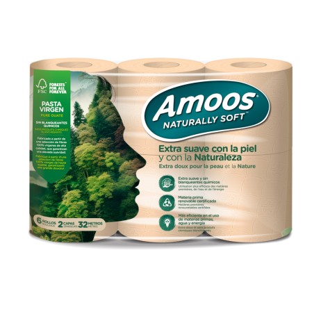 Papel higienico amoos naturally soft 2 capas pasta cruda paquete de 6 rollos 32 m