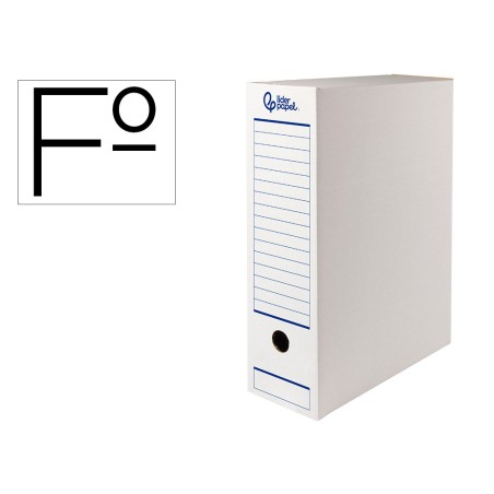 Caja archivo definitivo automatica liderpapel folio carton reciclado 325g/m2 lomo 100 mm blanco 360x100x255mm