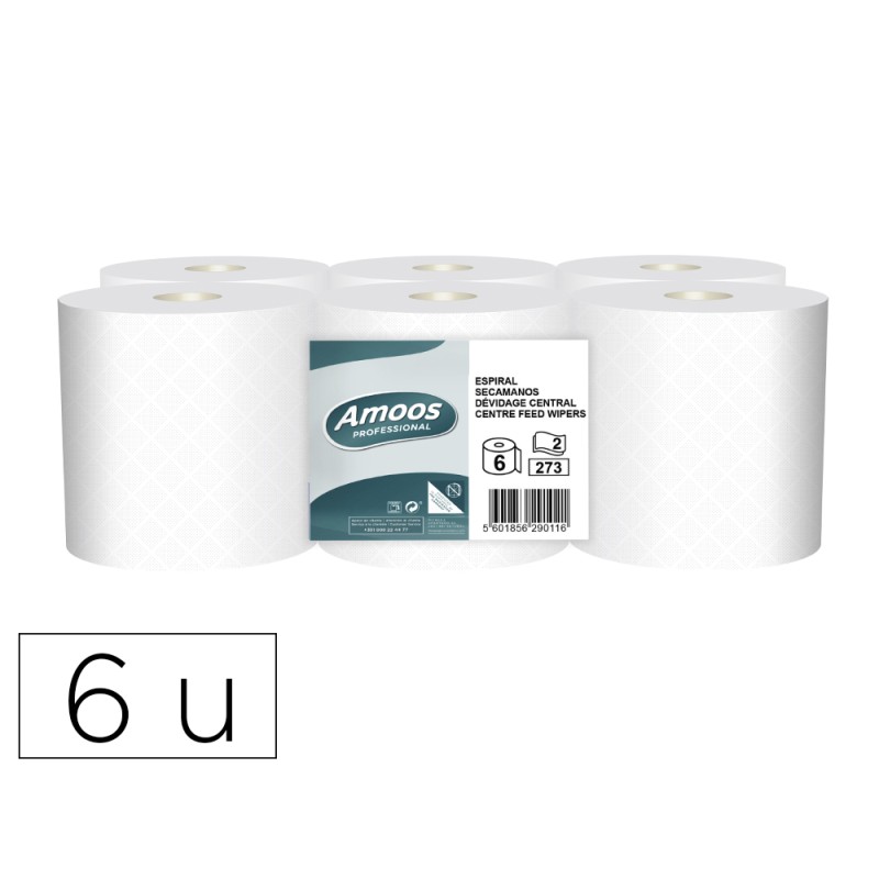 Papel secamanos amoos industrial 2 capas 32g/m2 blanco 90 m paquete de 6 rollos