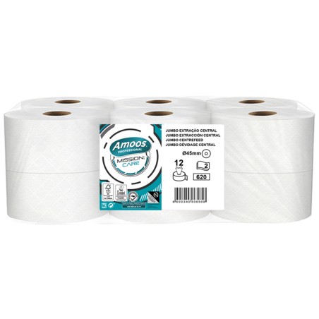 Papel higienico amoos jumbo industrial mission care extraccion central 2 capas 33g/m2 paquete de 12 rollos