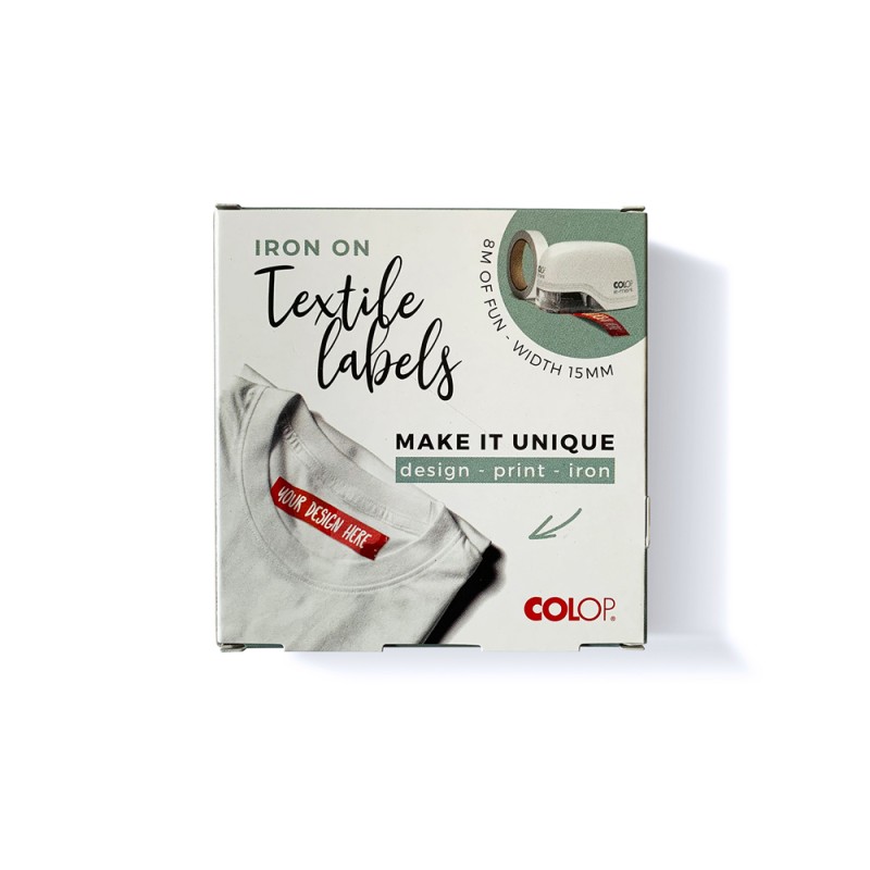 Cinta textil colop tafetan termo adhesiva ancho 15 mm para impresora e-mark rollo de 8 m