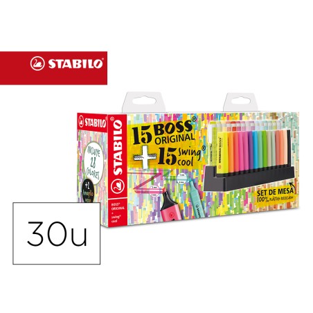Rotulador stabilo fluorescente set de mesa 15 unidades boss 70 + 15 unidades swing cool colores surtidos
